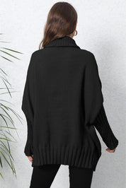 Black oversized turtleneck sweater with ribbed hem and cuffs