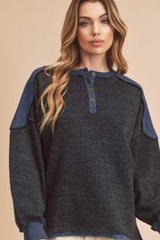Dark Navy Aemi + Co Side Slit Button Detail Contrast Shoulder Sweatshirt | Sweatshirts Daverri Fashions