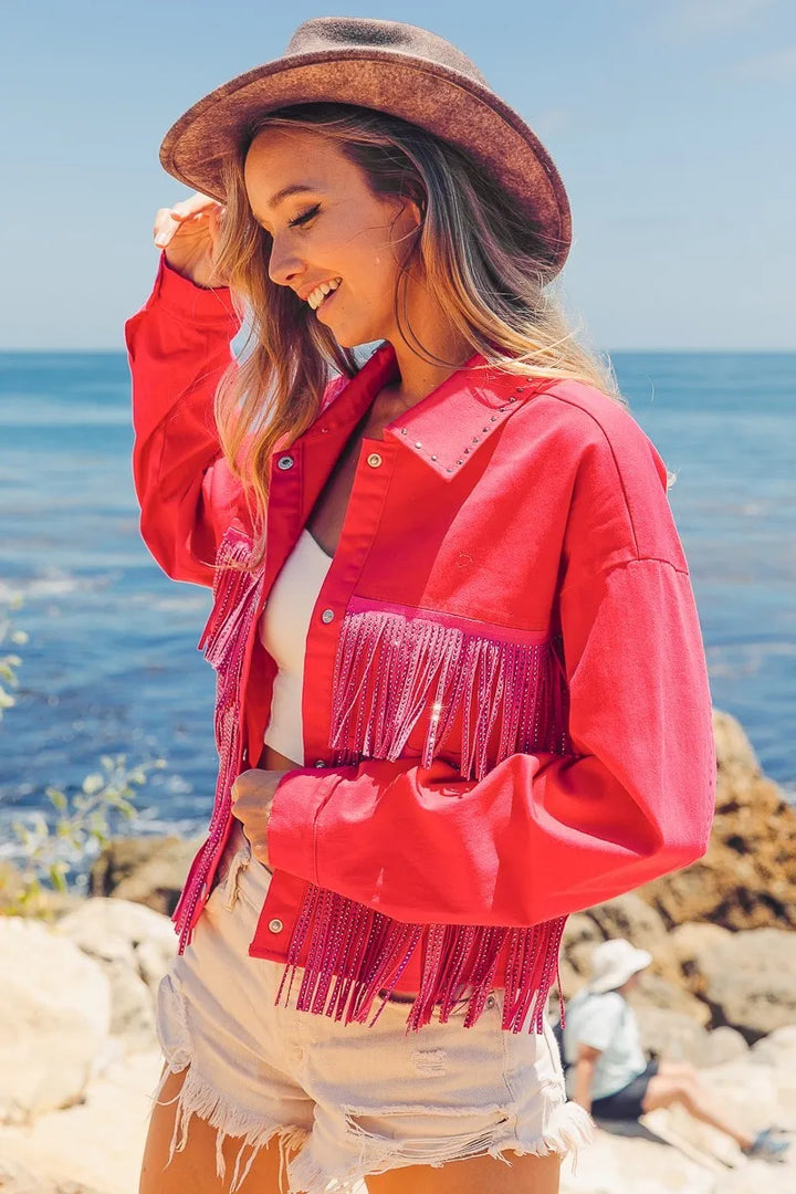 BiBi Rhinestone Fringe with Studed Collar Jacket Jackets