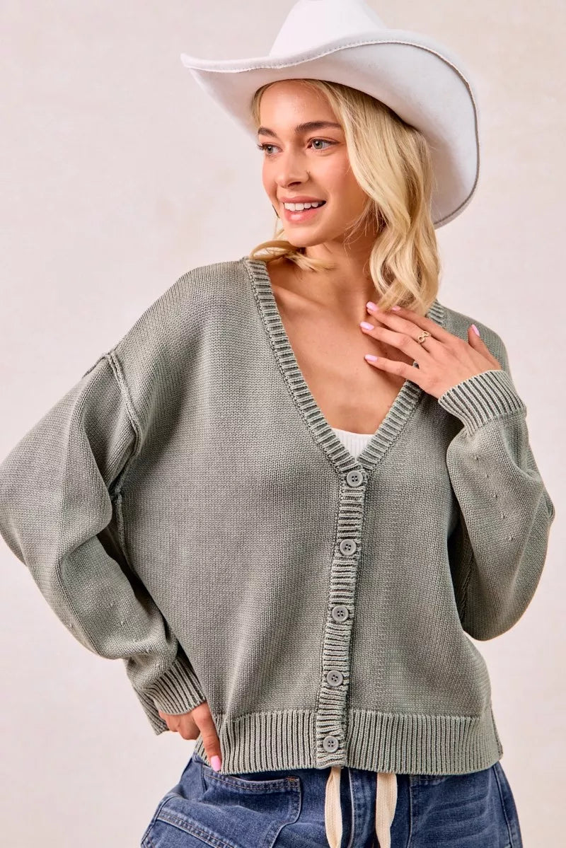 BiBi Washed Sweater V Neck Cardigan | Daverri Fashions