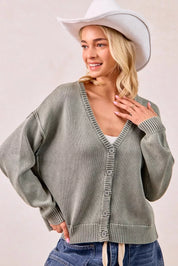 BiBi Washed Sweater V Neck Cardigan | Daverri Fashions