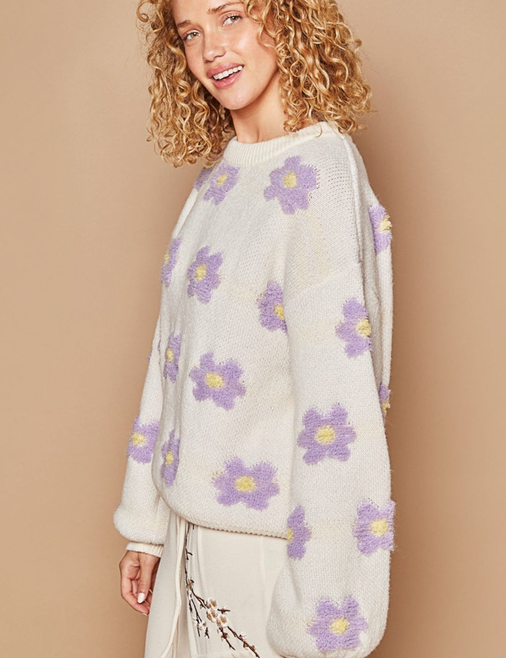 POL Daisy Pattern Drop Shoulder Sweater