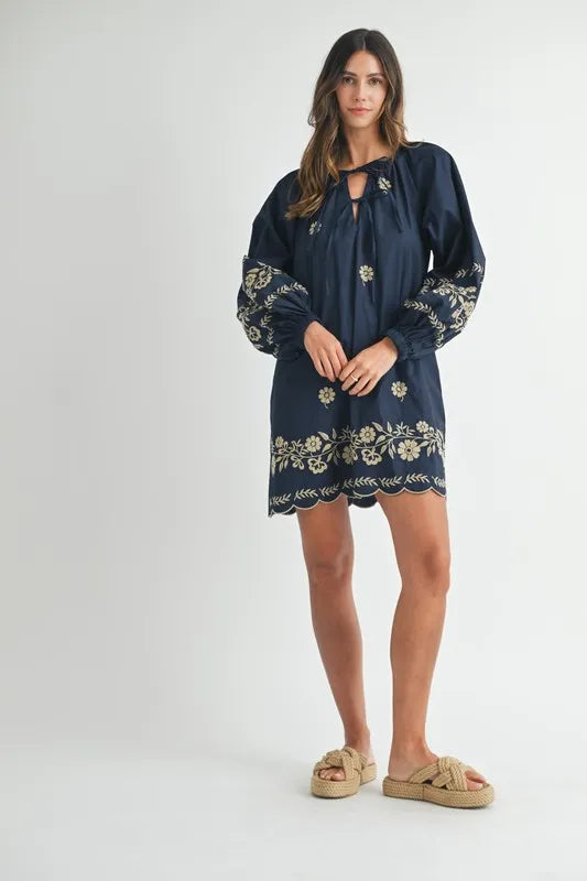 MABLE Embroidered Long Sleeve Peasant Mini Dress Mini Dresses