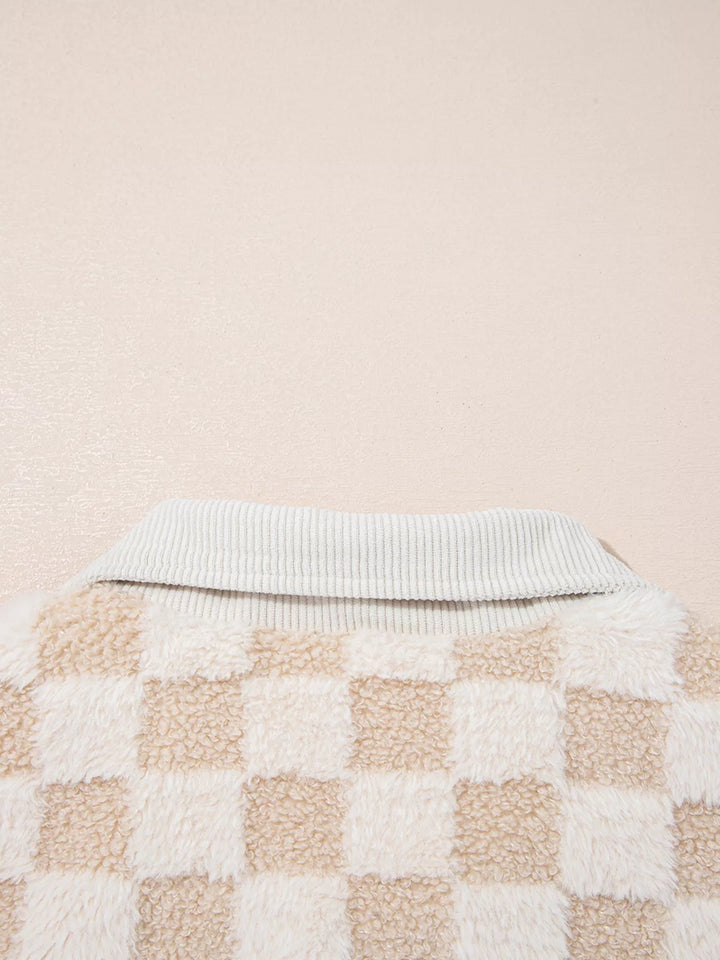 Checker Sherpa Corduroy Patchwork Zip Up Jacket | Jackets Daverri Fashions