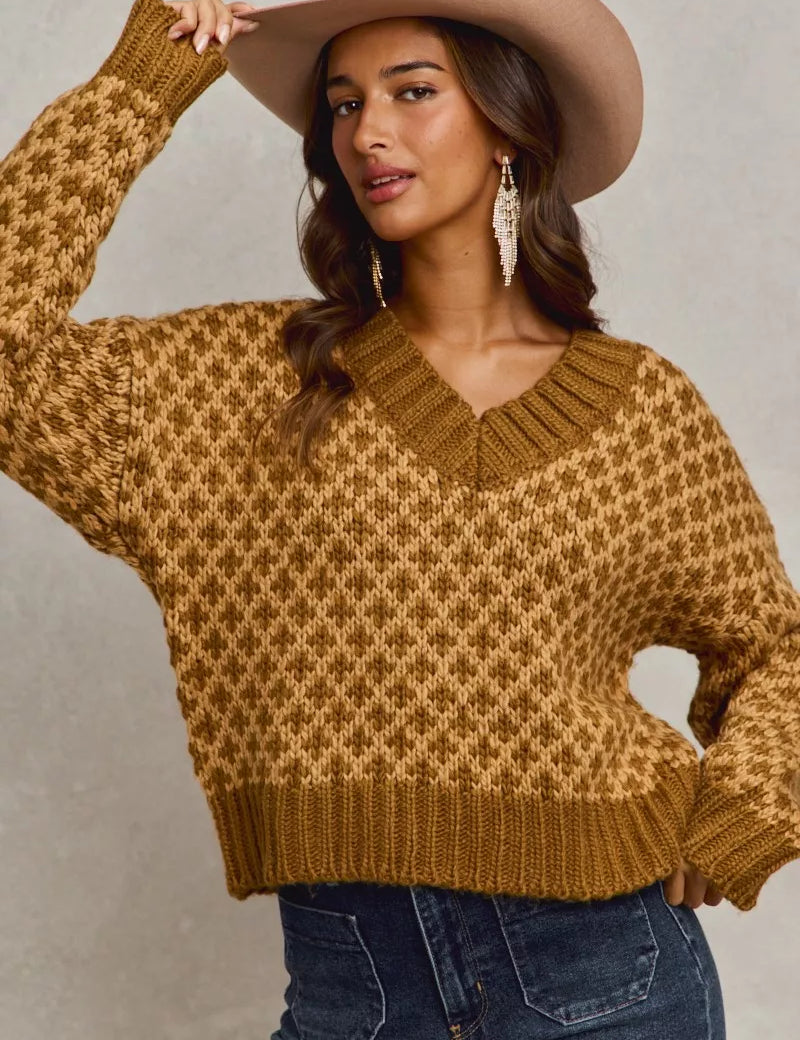 SO ME Color Block Textured Christmas Sweater V Neck Top | Sweaters Daverri Fashions