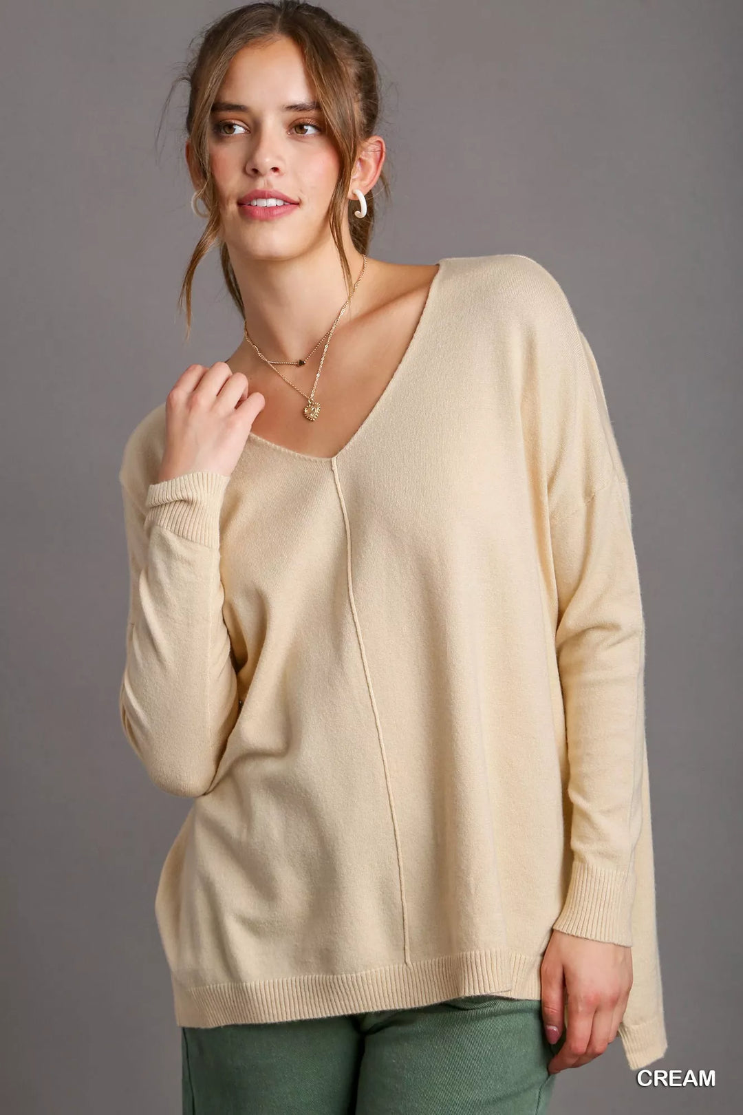 Cream Umgee V-Neck High Low Hem Knit Top with Side Slit | Knit Tops Daverri Fashions