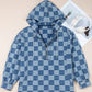 Checkered Half Zip Denim Hoodie Top - DAVERRI FASHIONS