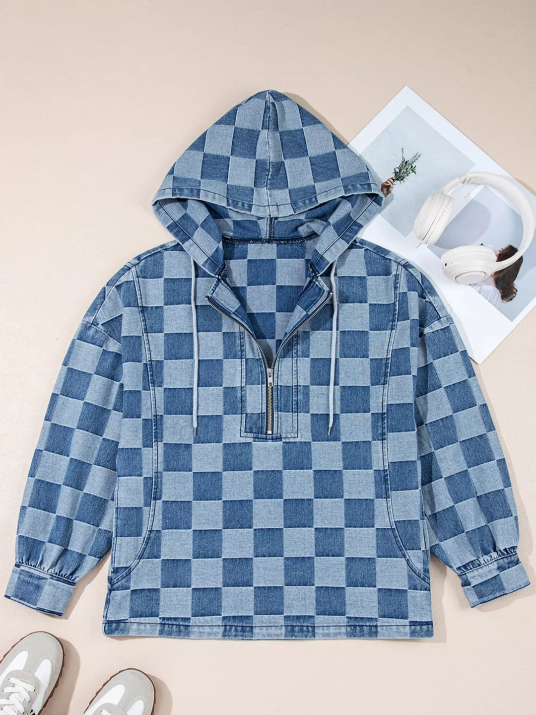 Checkered Half Zip Denim Hoodie Top | Hoodies Daverri Fashions