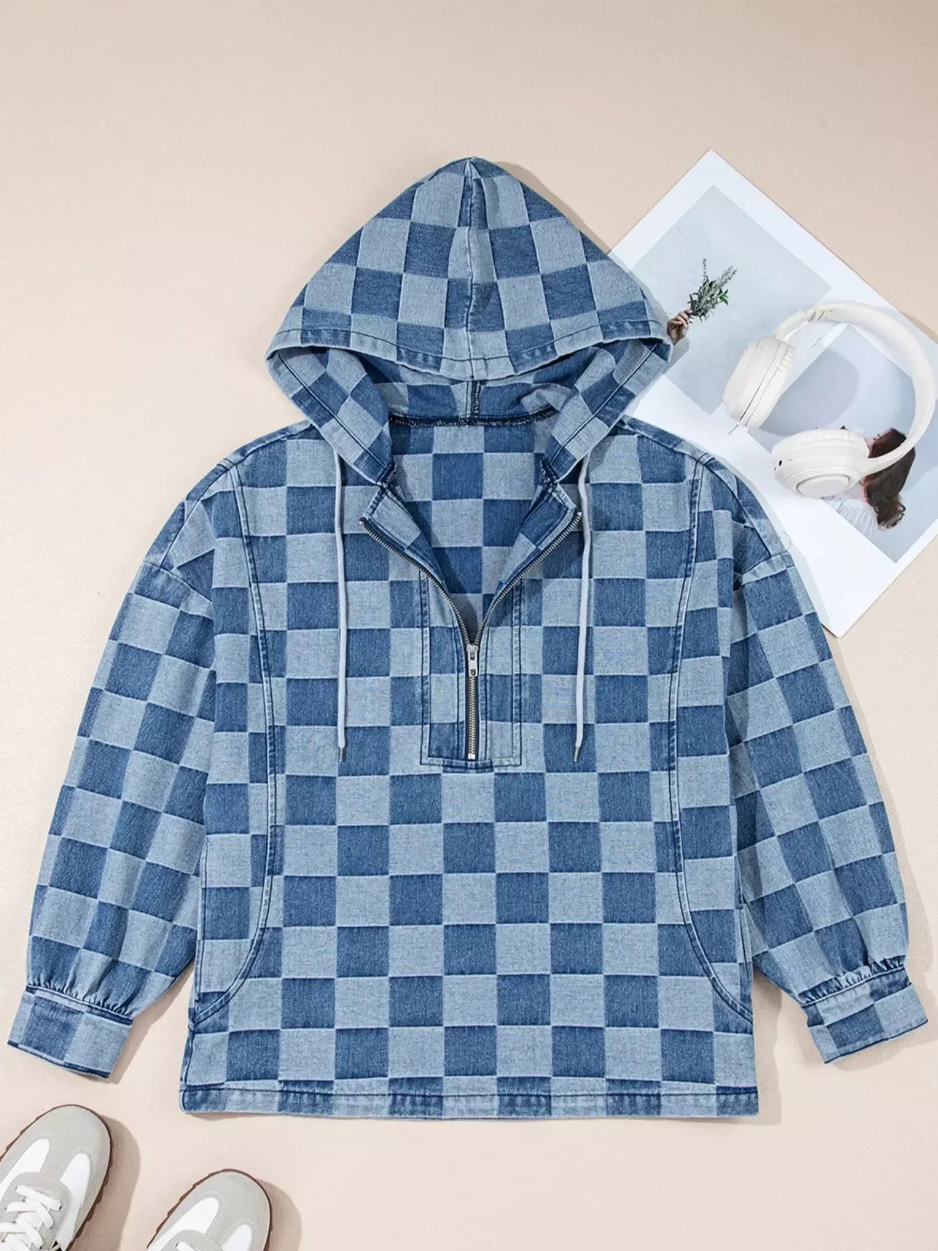 Checkered Half Zip Denim Hoodie Top - DAVERRI FASHIONS