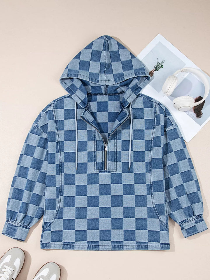 Checkered Half Zip Denim Hoodie Top | Hoodies Daverri Fashions