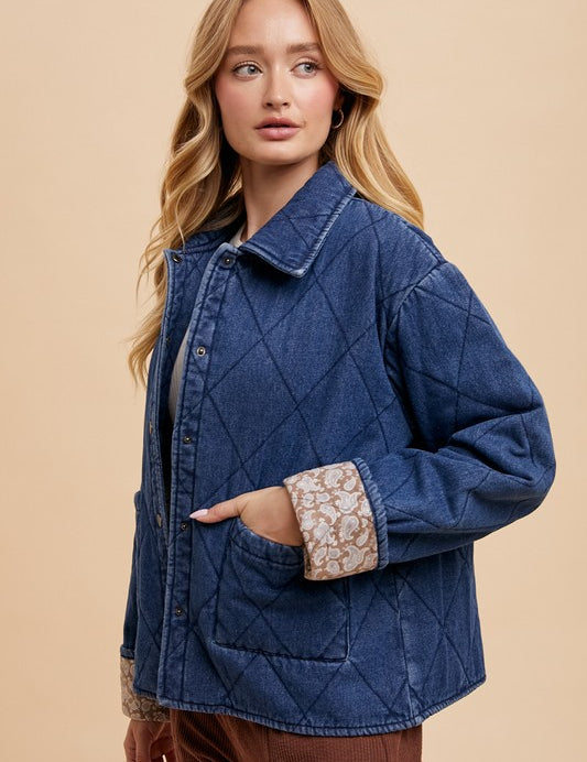 Annie Wear Quilted Printed Lining Snap Down Denim Jacket Tops