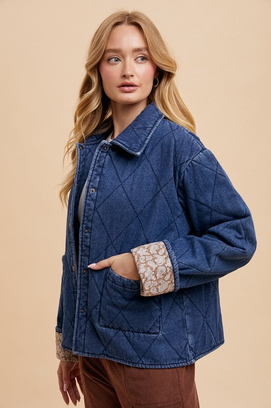 Annie Wear Quilted Printed Lining Snap Down Denim Jacket Tops