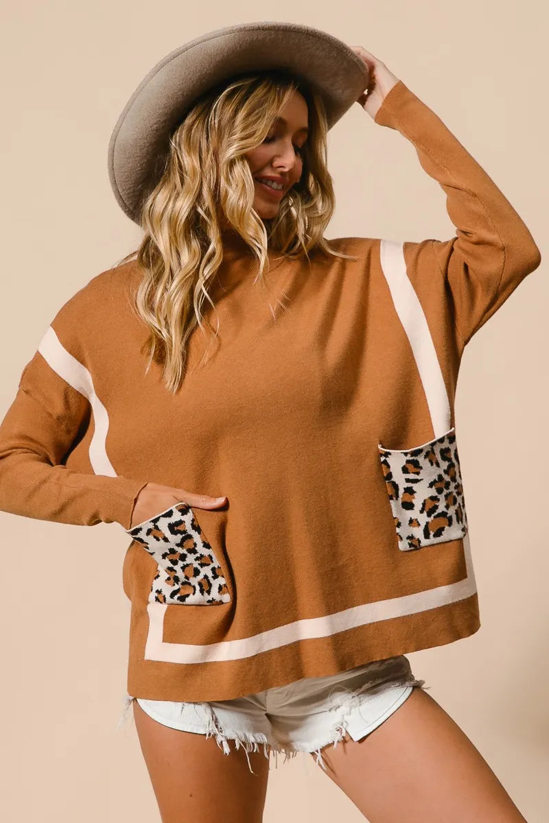 BiBi Mock Neck Sweater with Leopard Pocket Sweaters