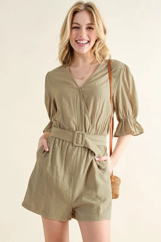 And The Why Flounce Sleeves Romper with Belt Rompers