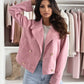 Daverri double-breasted pink faux leather moto jacket with gold buttons