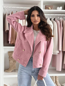 Daverri double-breasted pink faux leather moto jacket with gold buttons