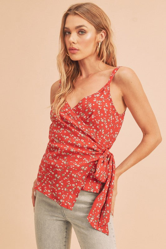 Aemi + Co Ditsy Floral Surplice Adjustable Straps Cami Red