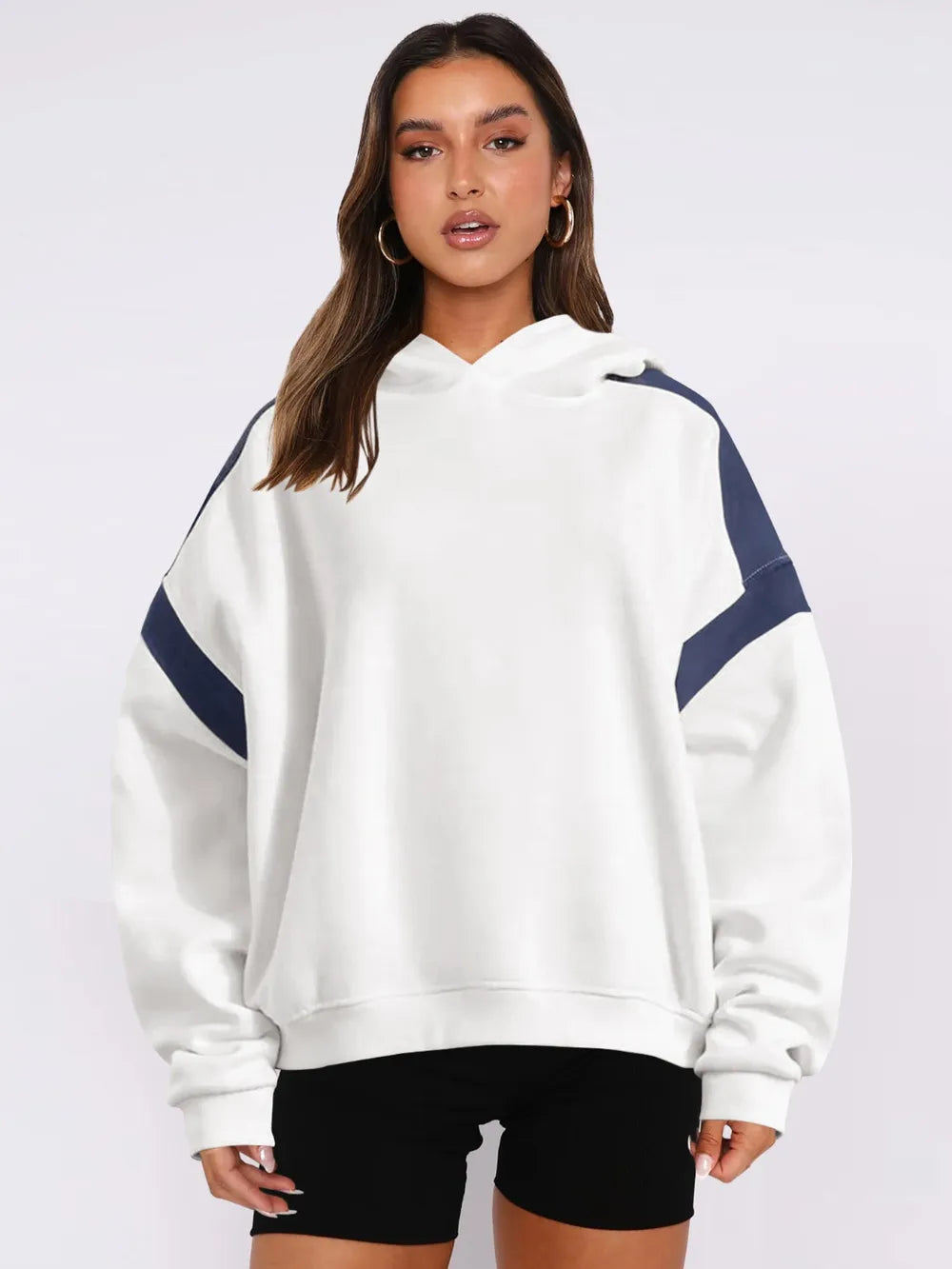 White Contrast Dropped Shoulder Long Sleeve Hoodie | Sweatshirts Daverri Fashions