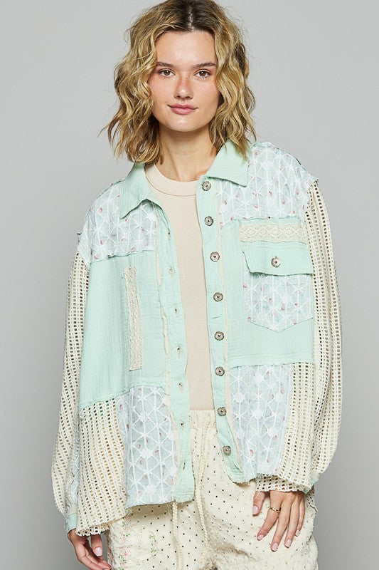 POL Lace Trim Crochet Button Up Denim Jacket PALE MINT