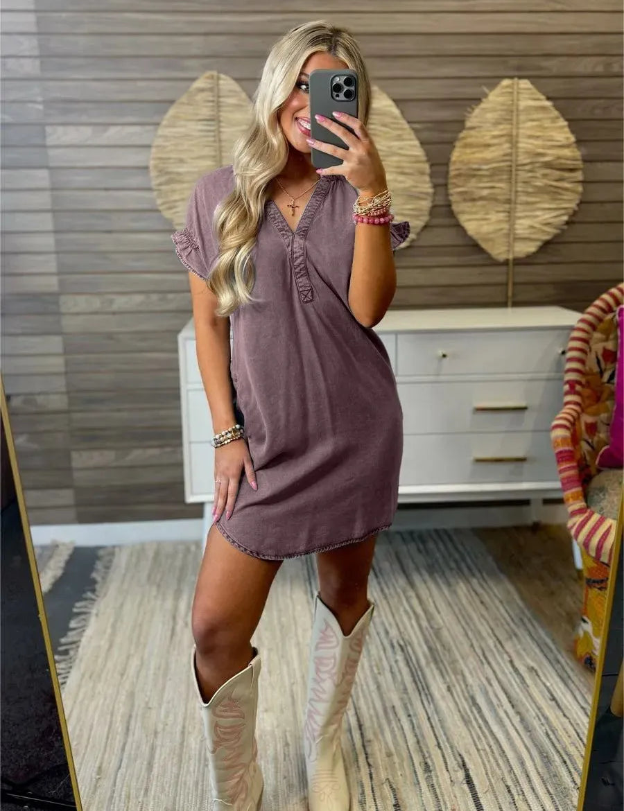 Gray Purple Full Size V-Neck Short Sleeve Denim Dress Plus Size | Daverri Fashions
