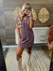 Gray Purple Full Size V-Neck Short Sleeve Denim Dress Plus Size | Daverri Fashions