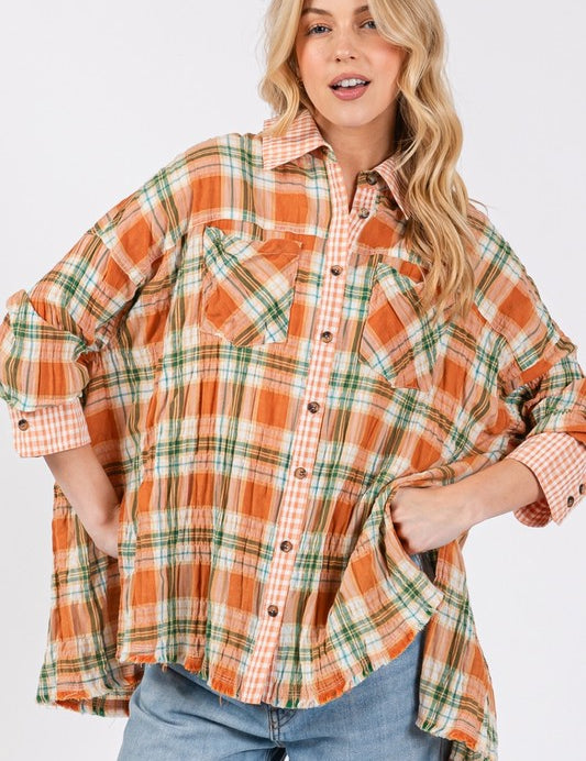 SAGE + FIG Side Slit Plaid Button Down Long Sleeve Shirt Savanna Shirts