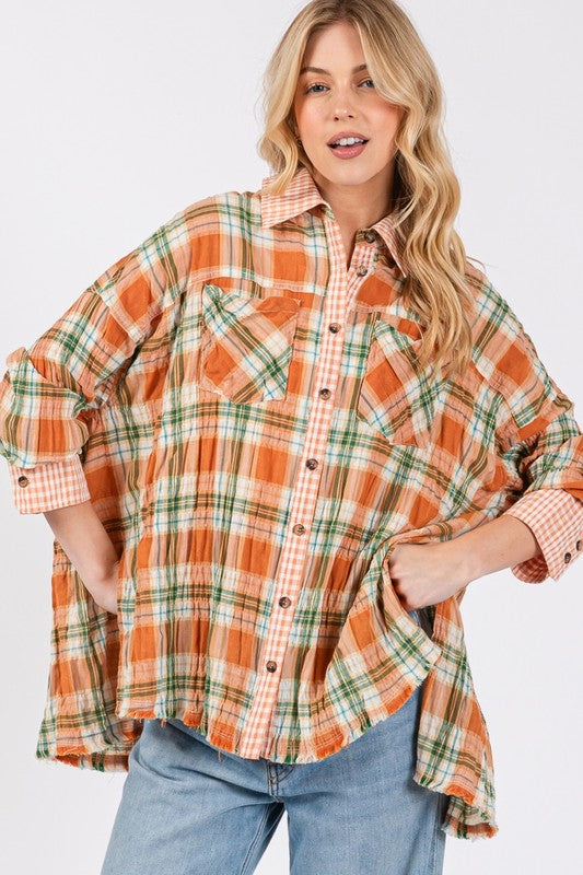 SAGE + FIG Side Slit Plaid Button Down Long Sleeve Shirt Savanna Shirts