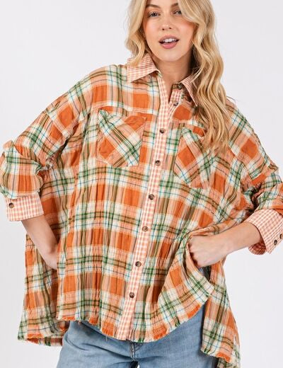 SAGE + FIG Side Slit Plaid Button Down Long Sleeve Shirt Savanna Tops