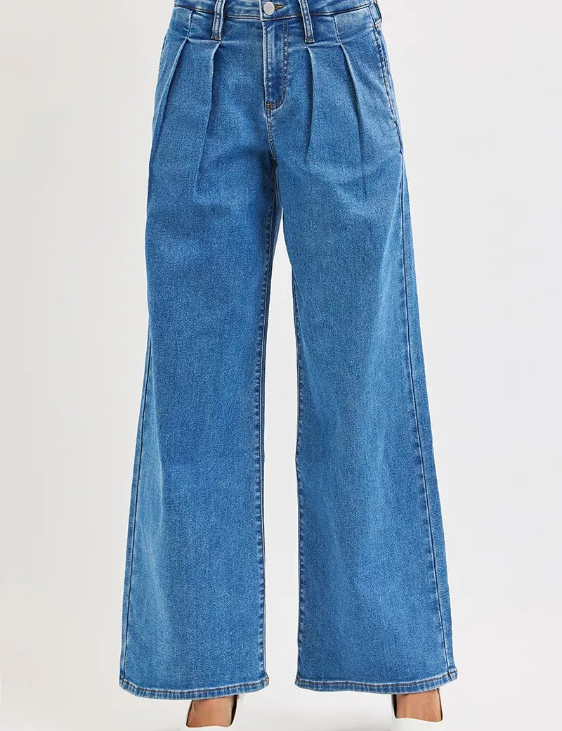 MEDIUM RISEN Full Size Mid Rise Fit Wide Leg with Pleated Detail Jeans Plus Size | Jeans Daverri Fashions