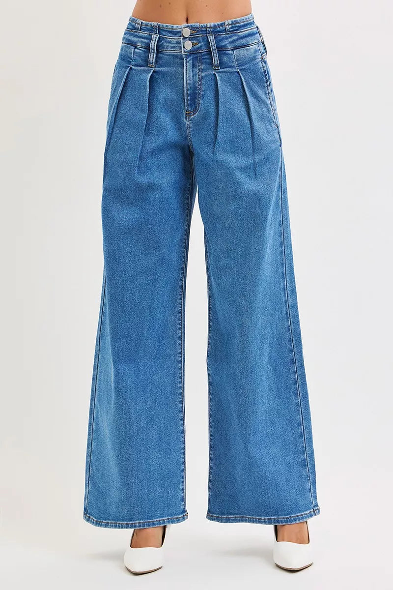 MEDIUM RISEN Full Size Mid Rise Fit Wide Leg with Pleated Detail Jeans Plus Size | Jeans Daverri Fashions