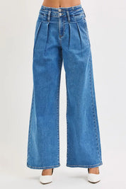 MEDIUM RISEN Full Size Mid Rise Fit Wide Leg with Pleated Detail Jeans Plus Size | Jeans Daverri Fashions