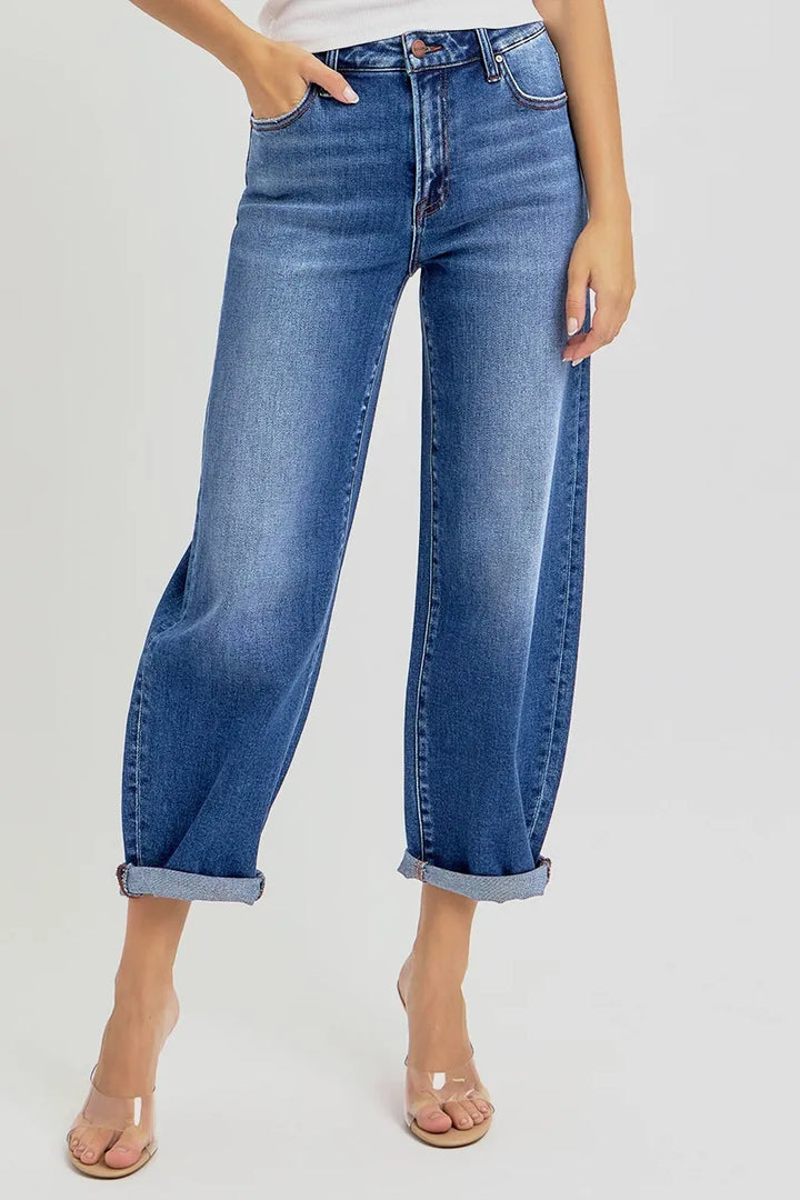 RISEN Full Size High Rise Crop Mild Barrel Jeans Plus Size Jeans