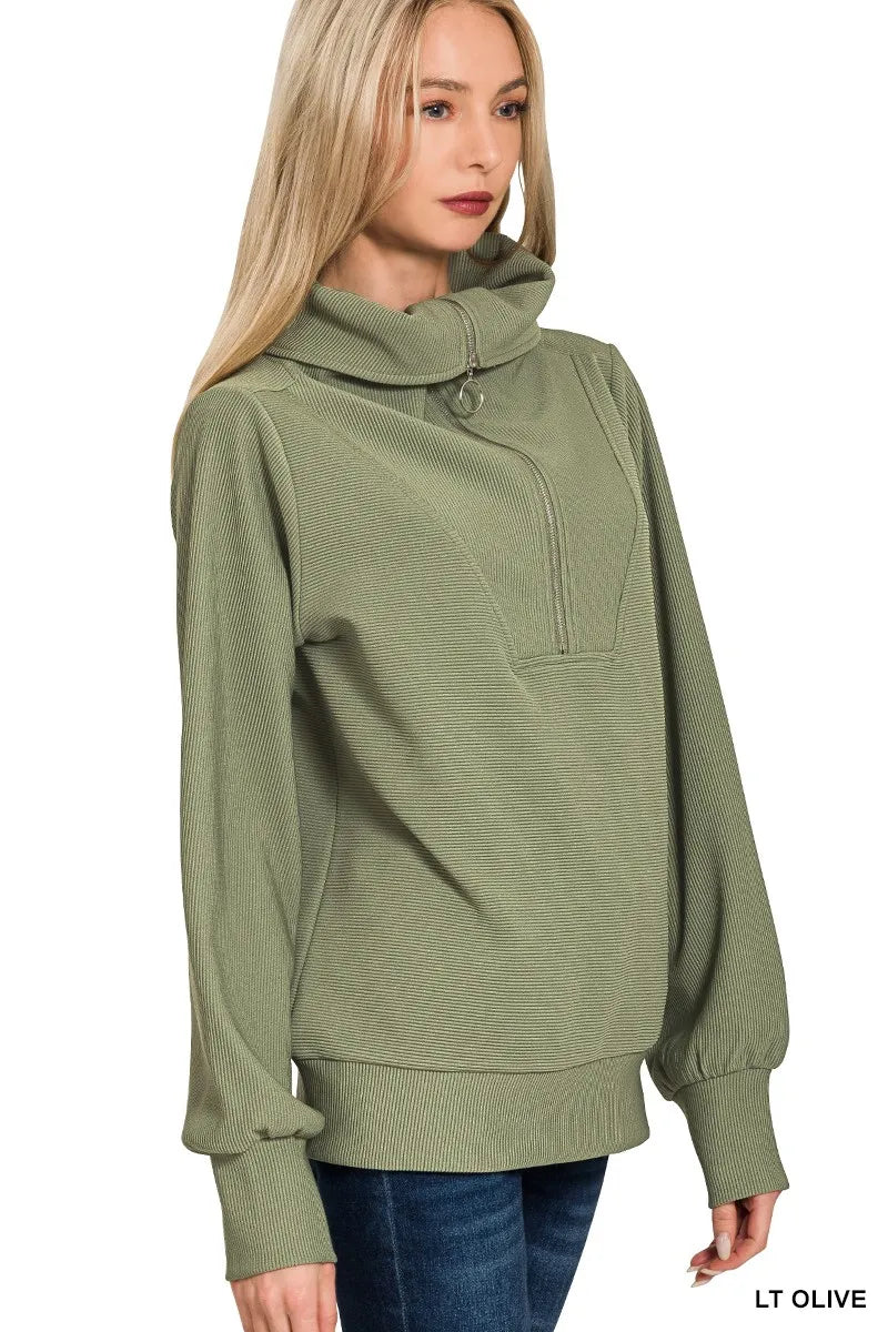 Zenana Ribbed High Neck Half Zip Pullover & Pants Set Outfit Sets