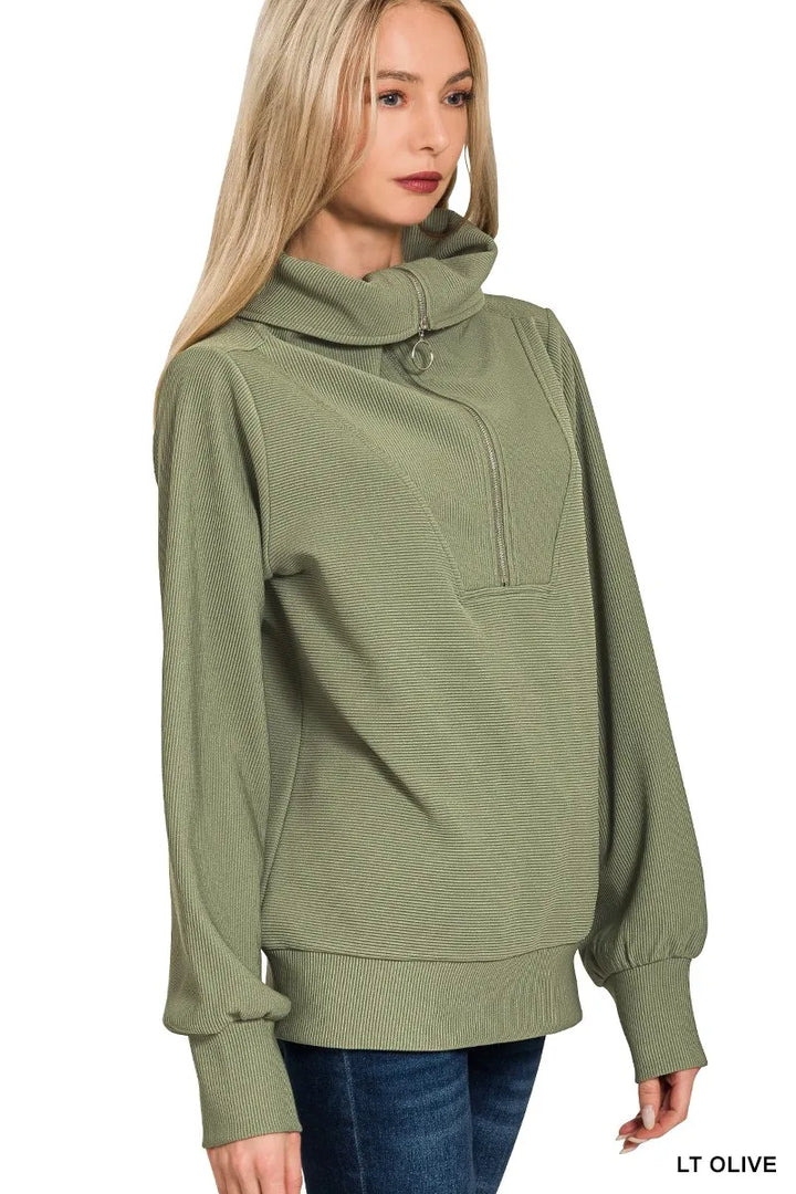 Zenana Ribbed High Neck Half Zip Pullover & Pants Set Outfit Sets