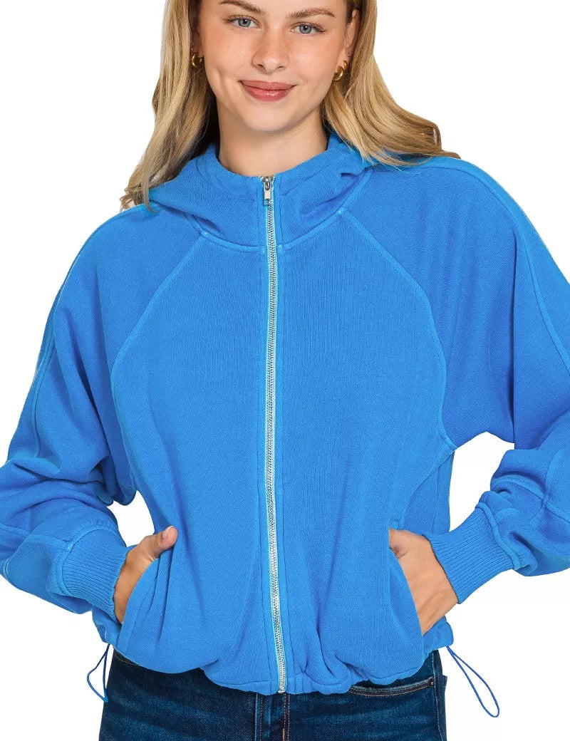 OCEAN BLUE Zenana Fleece Pigment Dye Zip Up Hoodie with Pockets | Hoodies Daverri Fashions