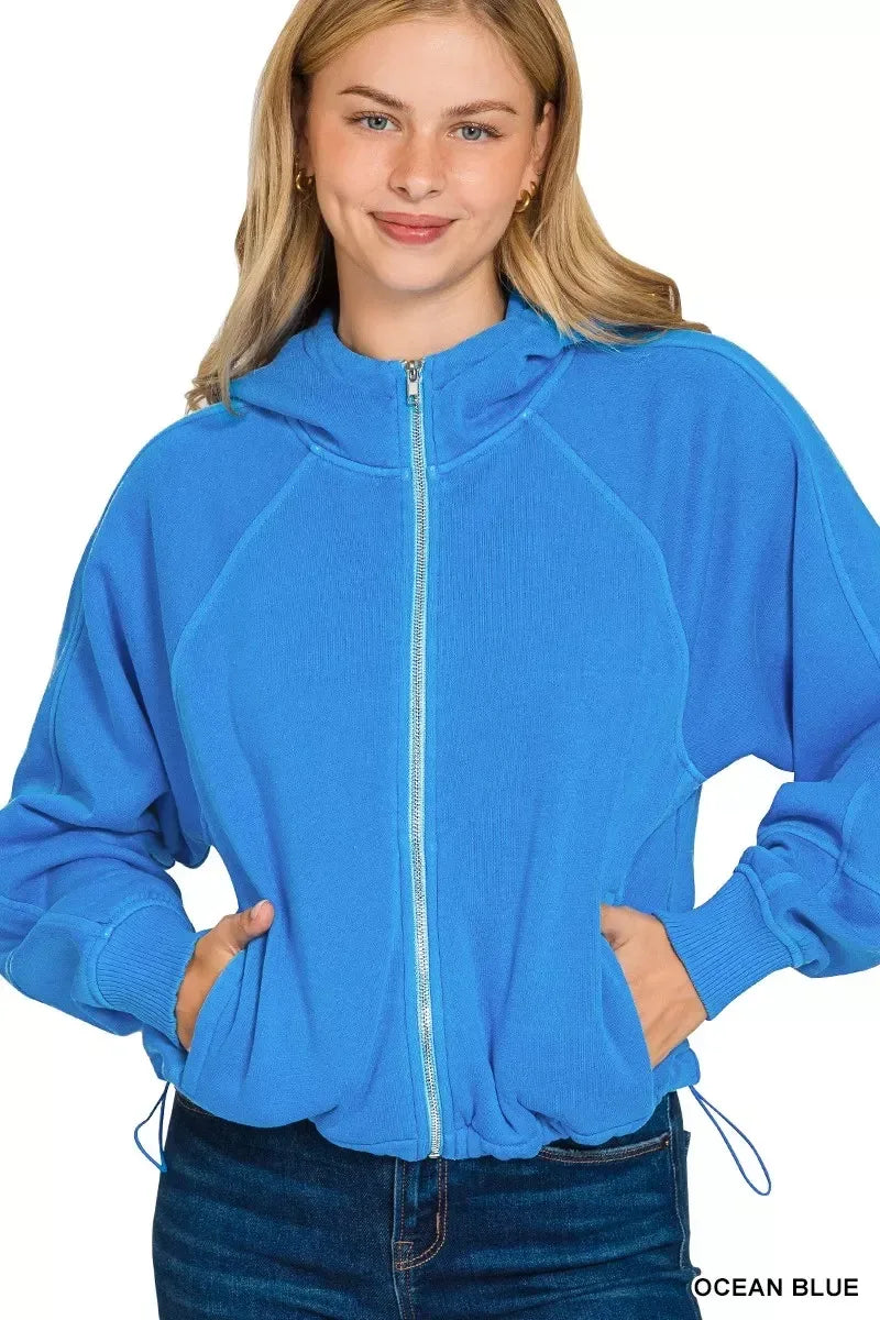 Zenana Fleece Pigment Dye Zip Up Hoodie with Pockets - DAVERRI FASHIONS