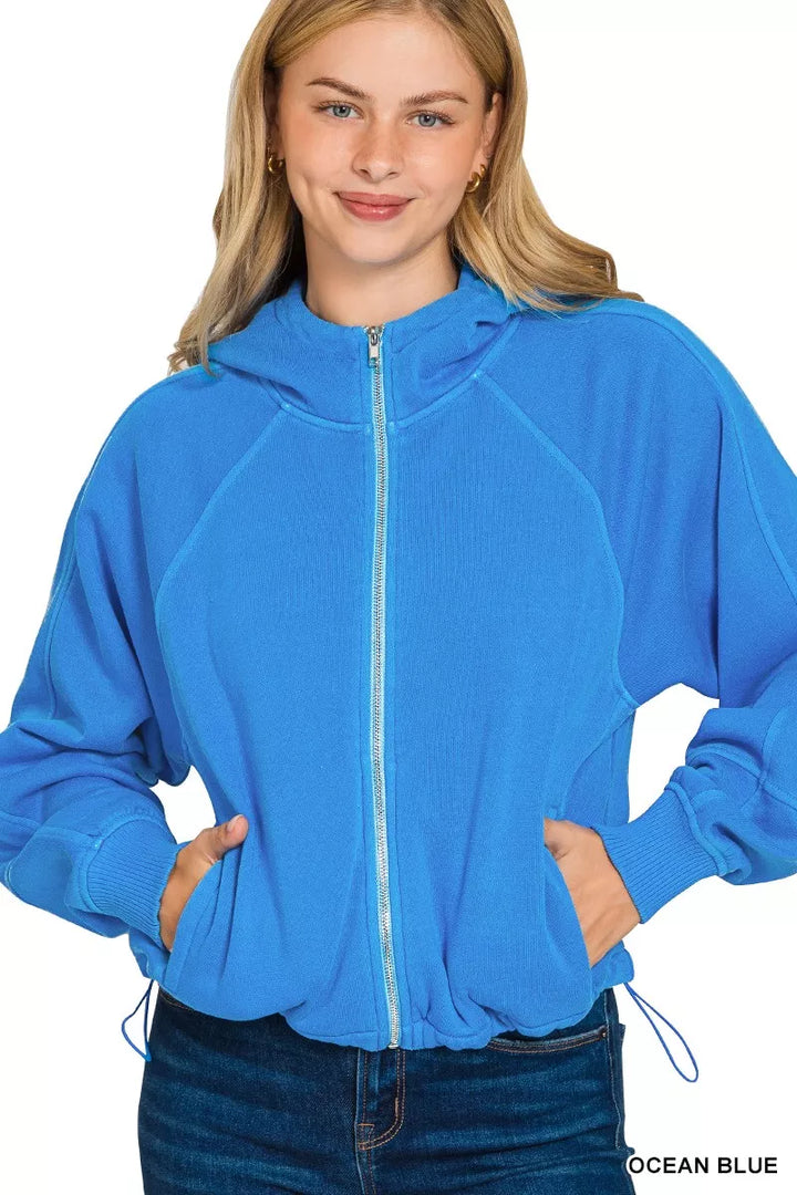 OCEAN BLUE Zenana Fleece Pigment Dye Zip Up Hoodie with Pockets | Hoodies Daverri Fashions