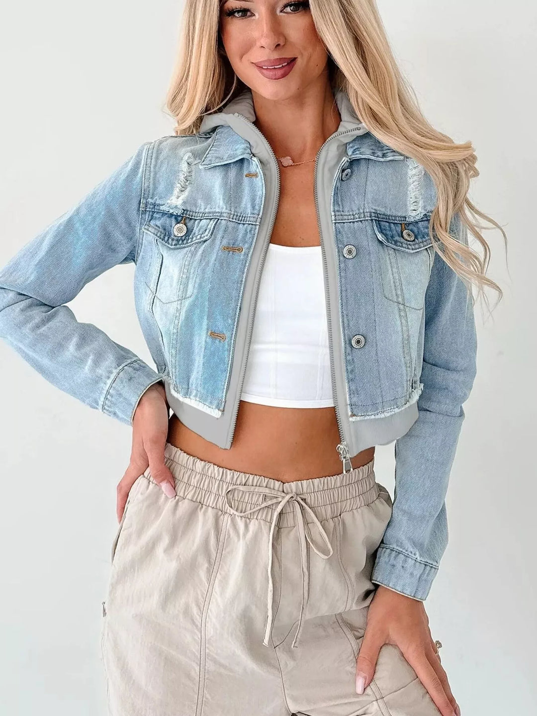 Distressed Zip Up Cropped Hooded Denim Jacket | Denim Jackets Daverri Fashions