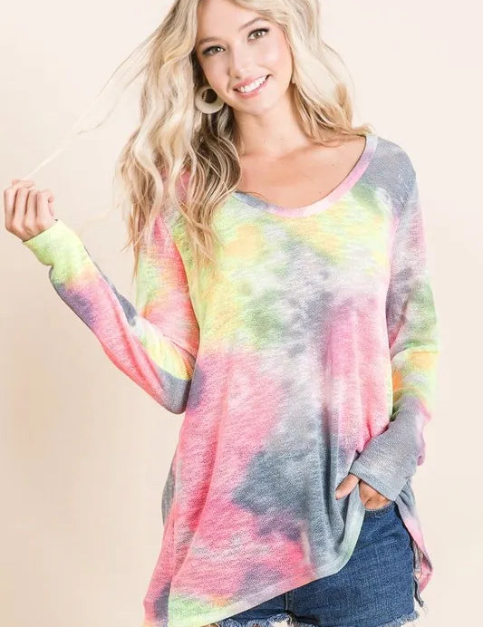 NEON PINK GREY BiBi Tie Dye Print Low Gauge Knit Top | Knit Tops Daverri Fashions