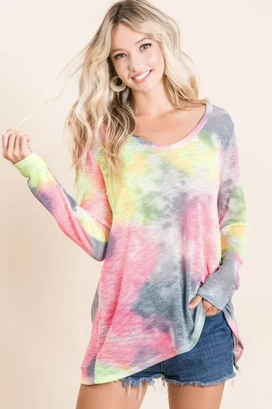 BiBi Tie Dye Print Low Gauge Knit Top - DAVERRI FASHIONS