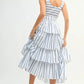 MABLE Pin Stripe Smocked Bodice Layered Midi Dress