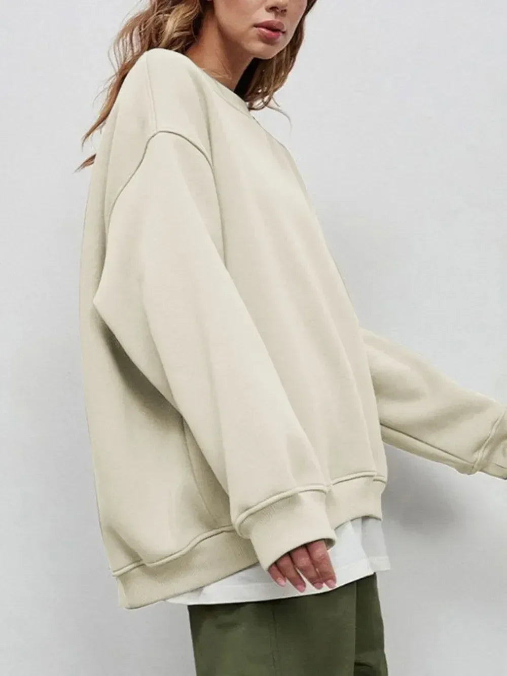 Round Neck Dropped Shoulder Long Sleeve Sweatshirt - DAVERRI FASHIONS