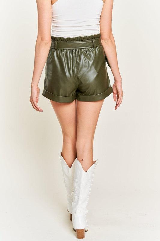 High-Rise Metallic Vegan Leather Belted Shorts Shorts