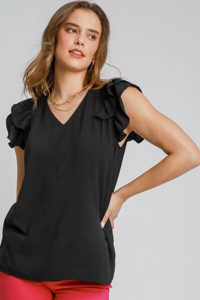 Umgee Full Size V-Neck Double Layered Ruffle Sleeve Blouse Black Blouses