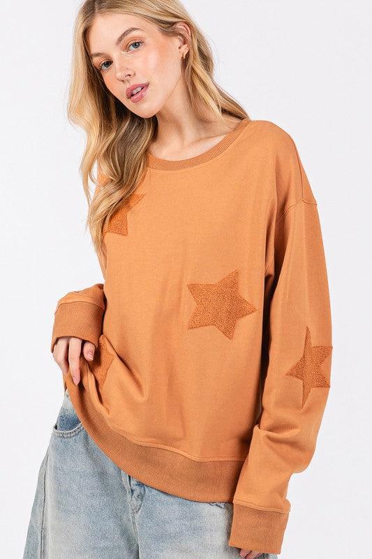 SAGE + FIG Star Patch Long Sleeve Sweatshirt - DAVERRI FASHIONS