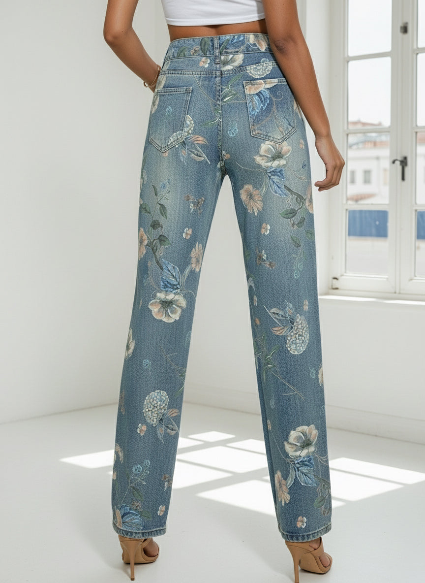 Floral-patterned jeans worn by a person in a bright room with large windows.