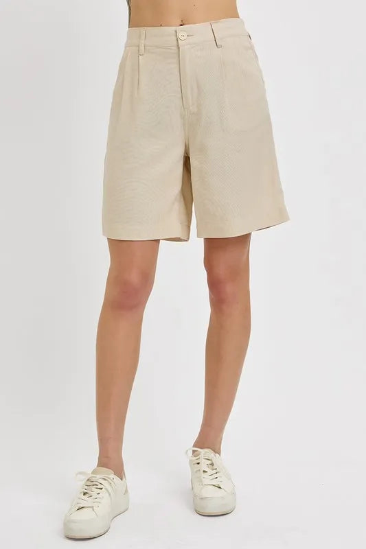 RISEN High Rise Pleated Front Shorts Taupe L