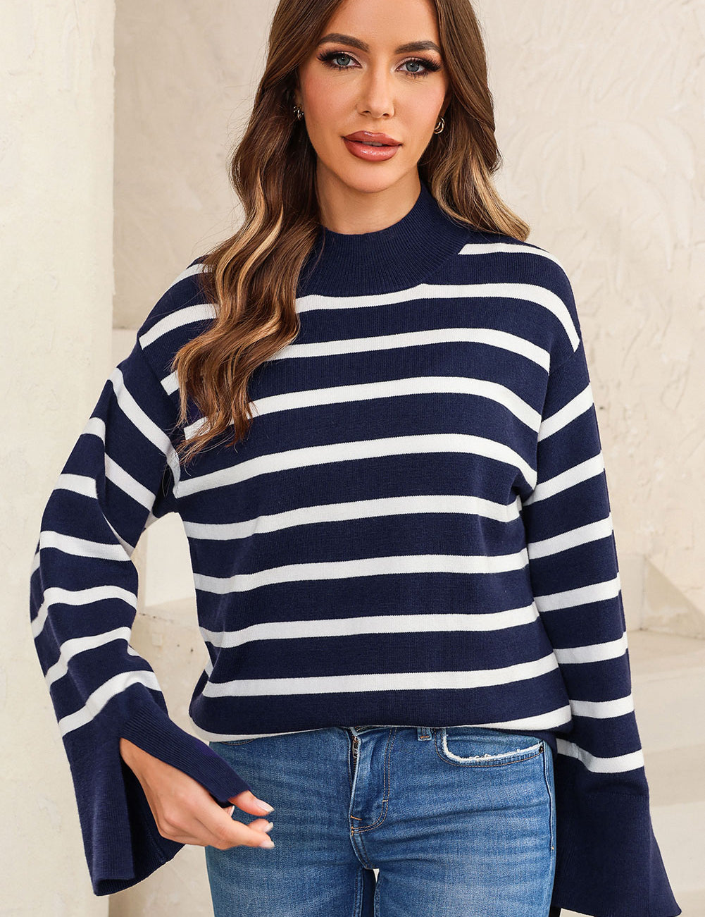 Navy Striped Slit Drop Shoulder Sweater | Sweaters Daverri Fashions