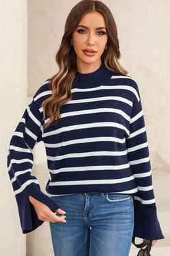 Striped Slit Drop Shoulder Sweater - DAVERRI FASHIONS