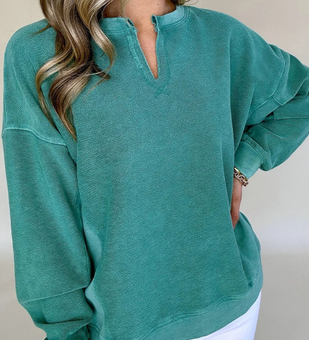 Deep Teal Notched Drop Shoulder Long Sleeve Sweatshirt | Sweatshirts Daverri Fashions